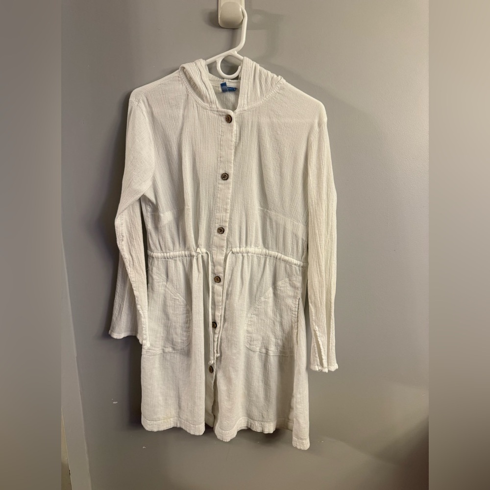 St John’s Bay White Cotton Hooded Tunic Dress Button Front Pockets Boho Large